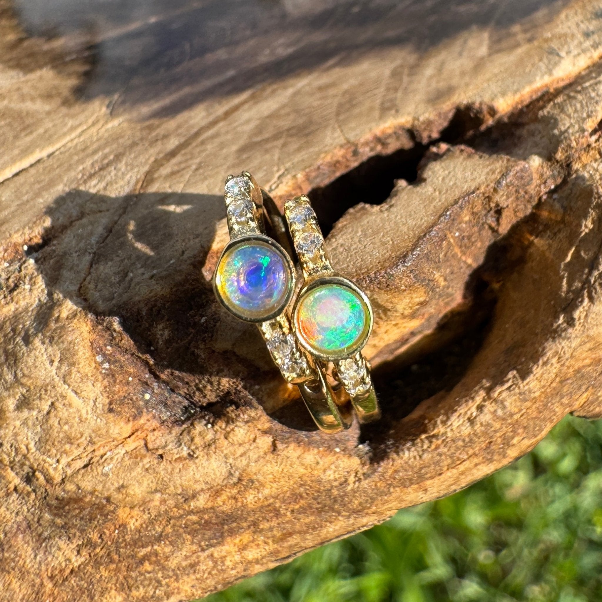 Golden Minima ~ 0.6ct Coober Pedy Crystal Opal 9ct Gold and Cubic Zirconia Hoop Earrings