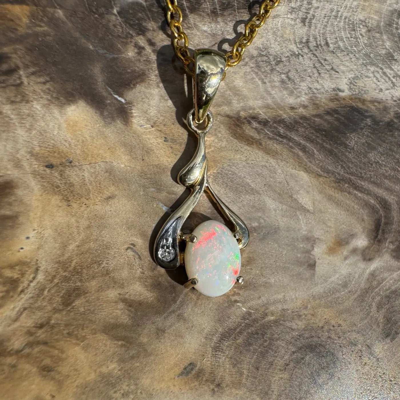 Gold and silver opal pendant necklace with Coober Pedy opal and natural diamonds