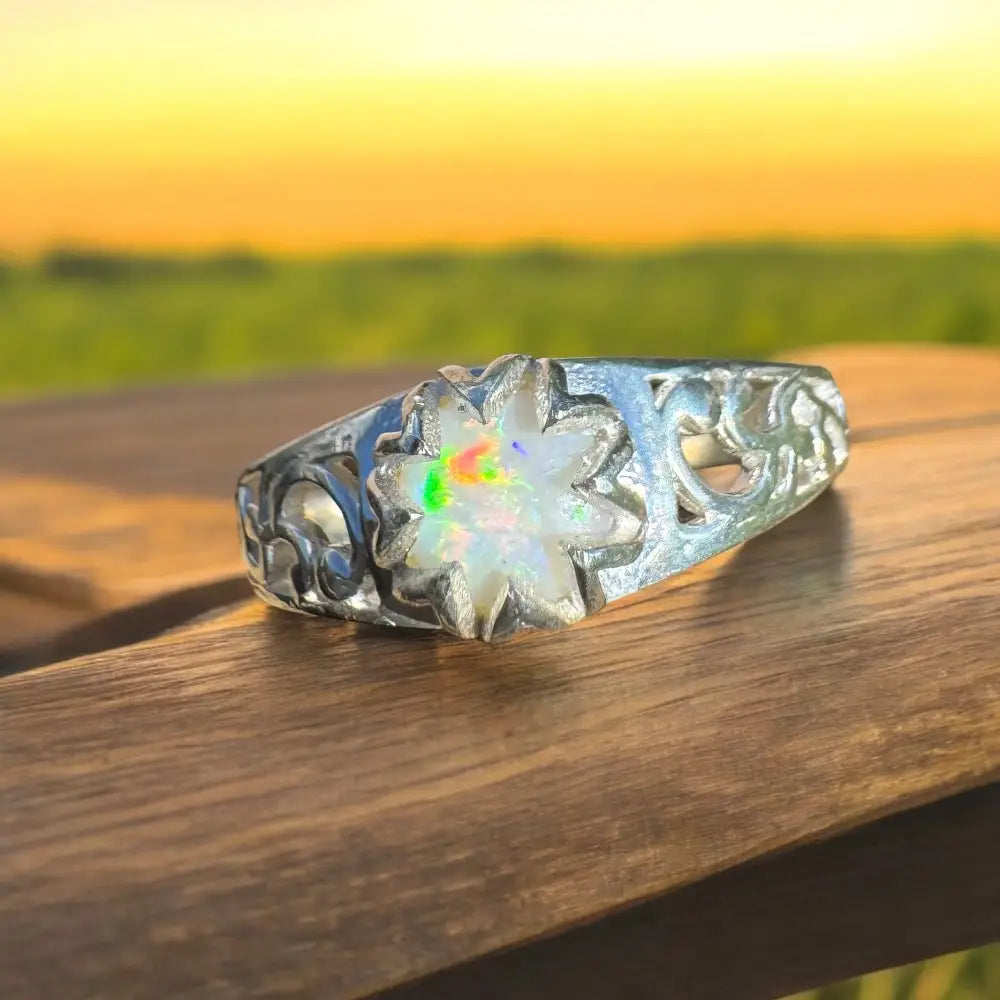 Silver ring featuring a handcrafted opal flower from Golden Sands collection