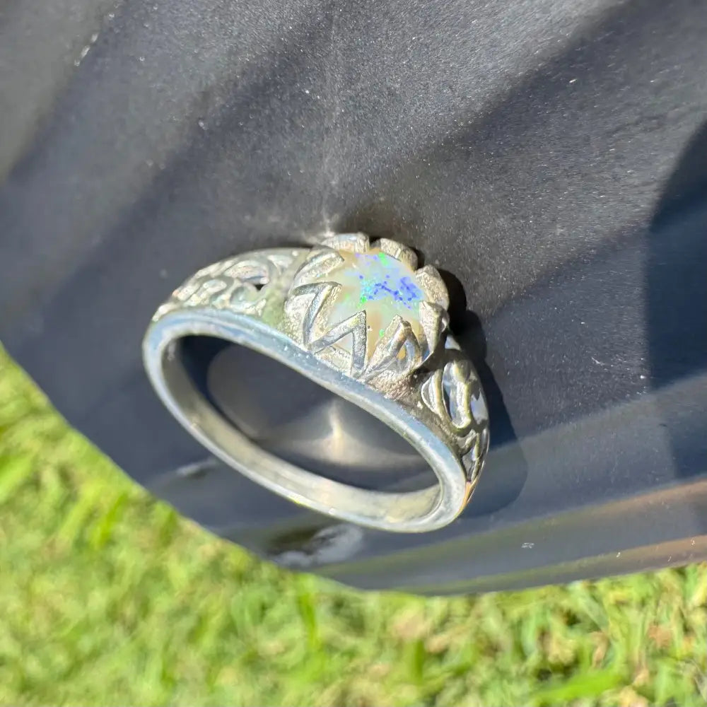 Silver ring featuring a 0.9ct Coober Pedy opal gemstone from the Golden Sands collection