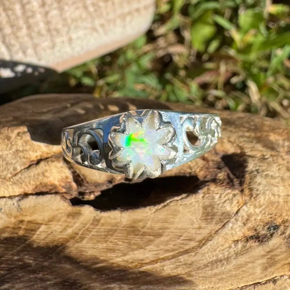 Silver ring with an opal flower from the Golden Sands handcrafted collection