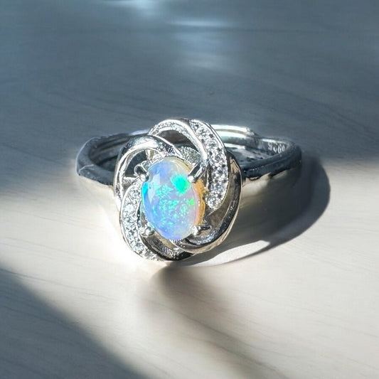 Grampians Serenity ~ 0.5ct Solid Lightning Ridge Opal and Cubic Zirconia 925 Silver Ring