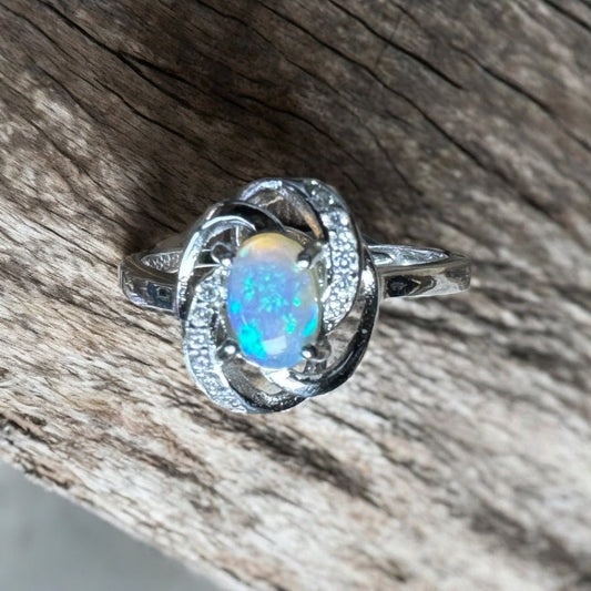 Grampians Serenity ~ 0.5ct Solid Lightning Ridge Opal and Cubic Zirconia 925 Silver Ring