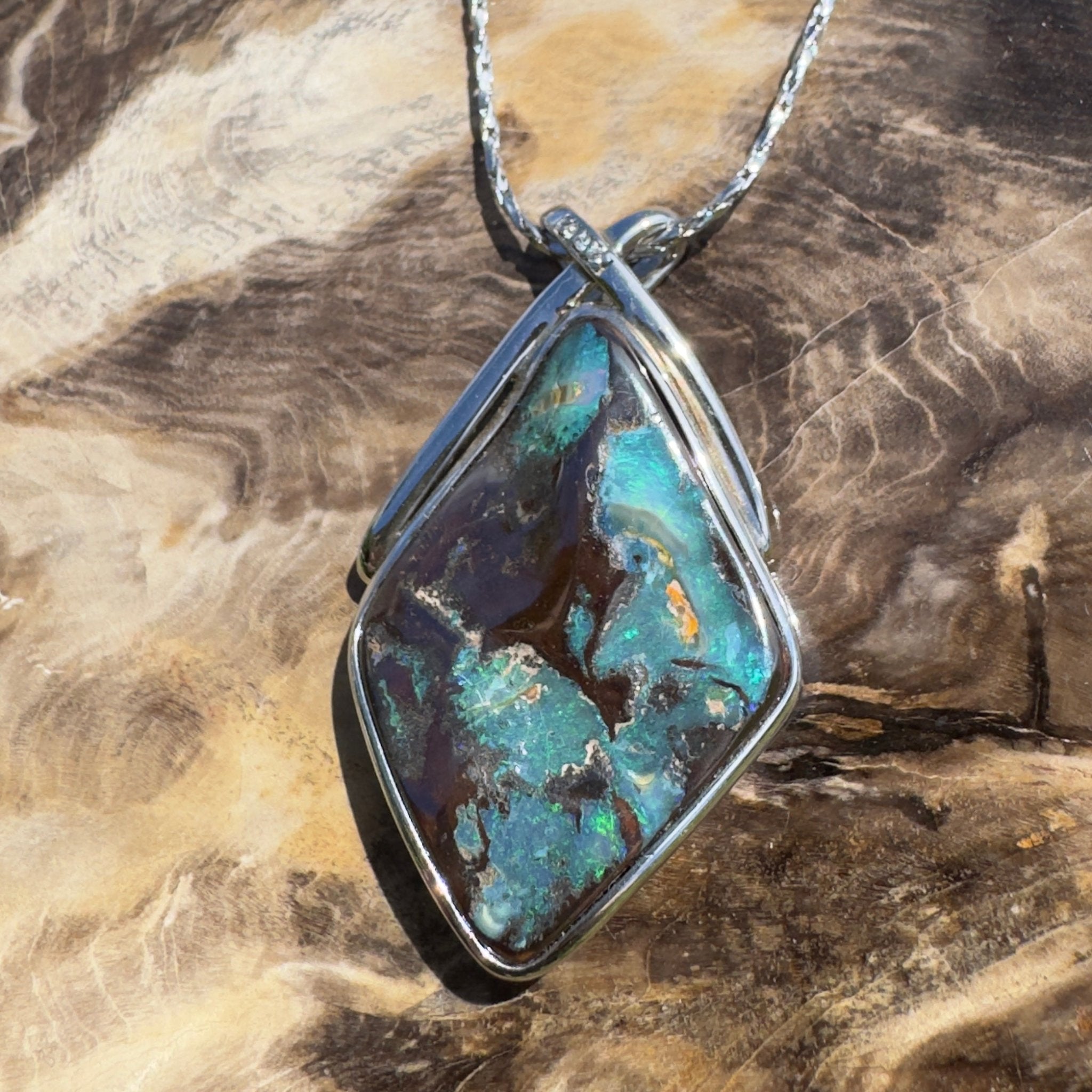 Great Australian Bight ~ Queensland Boulder Opal 925 Sterling Silver Pendant Necklace