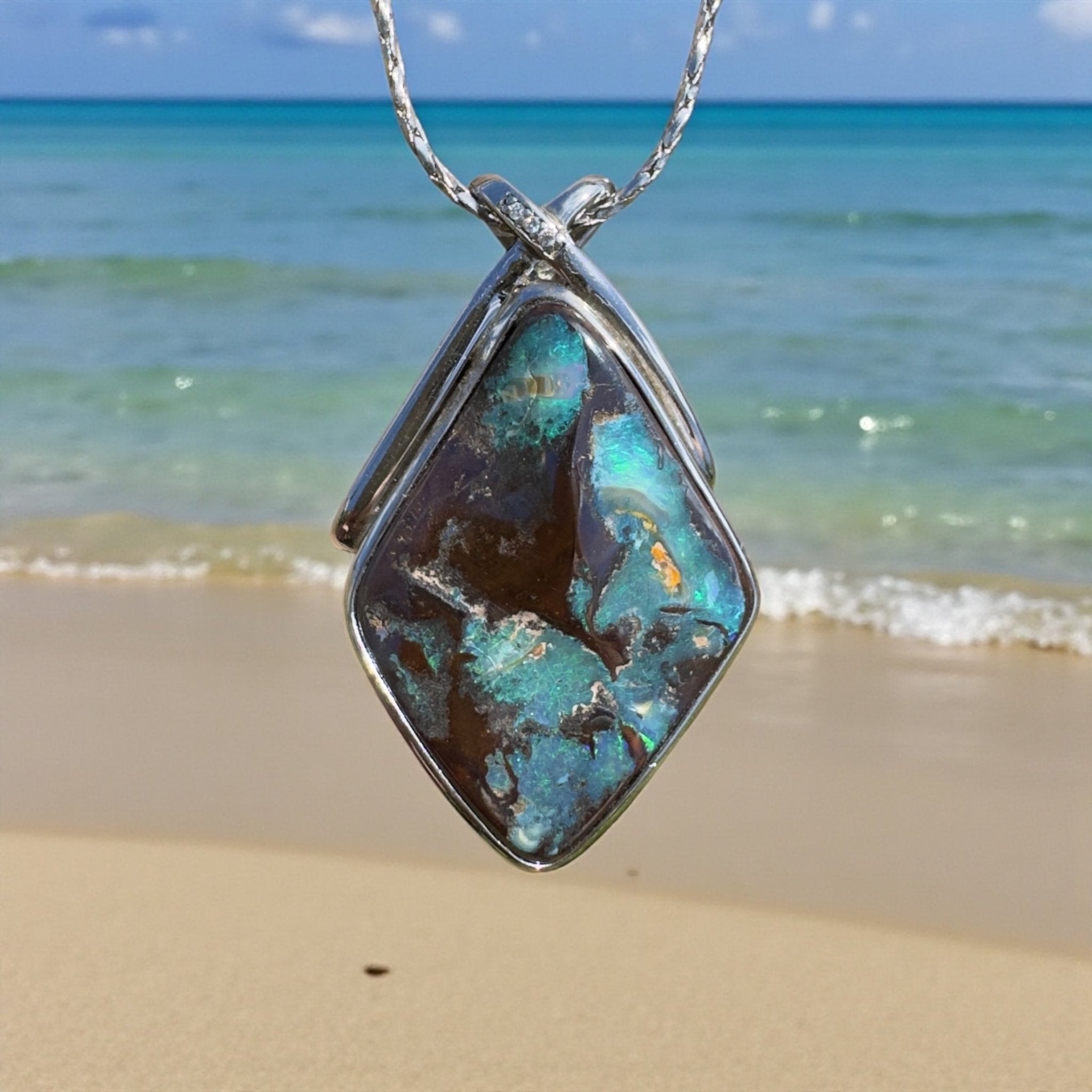 Great Australian Bight ~ Queensland Boulder Opal 925 Sterling Silver Pendant Necklace