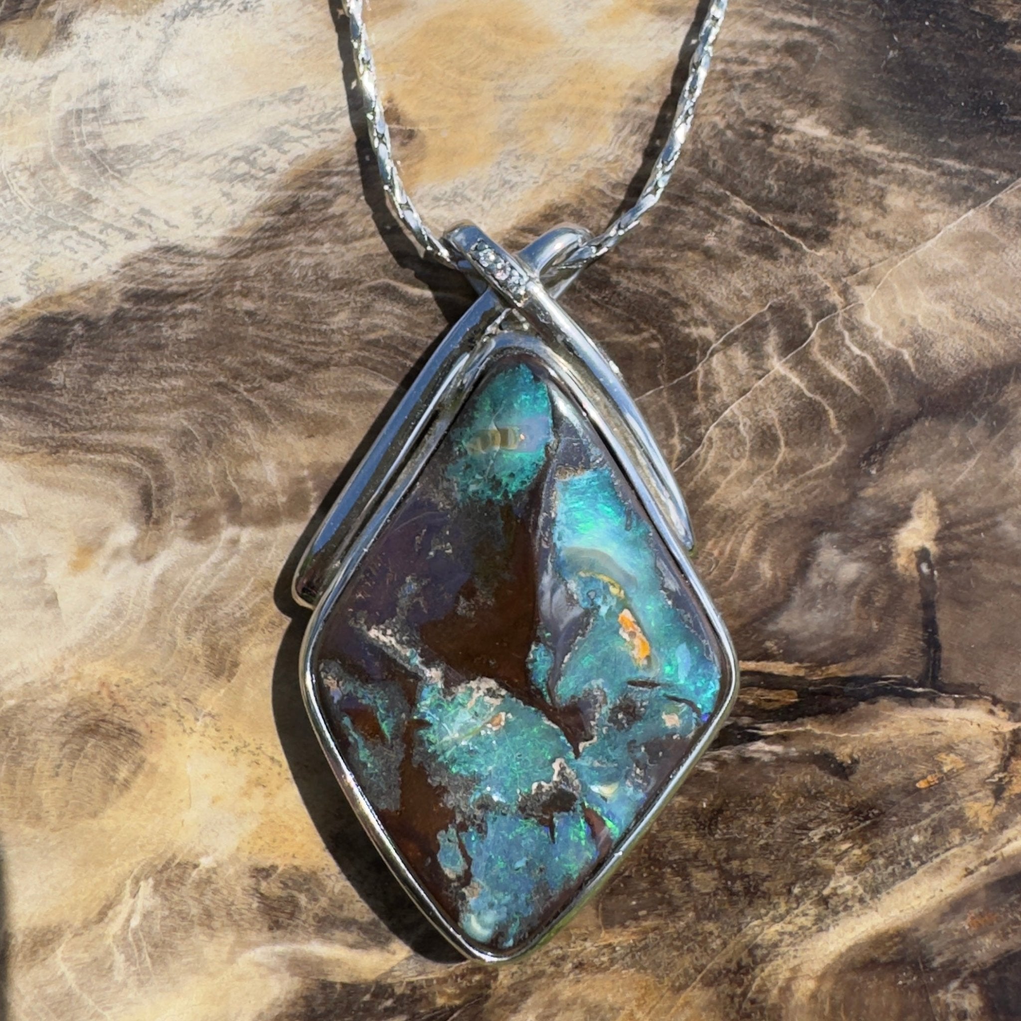Great Australian Bight ~ Queensland Boulder Opal 925 Sterling Silver Pendant Necklace