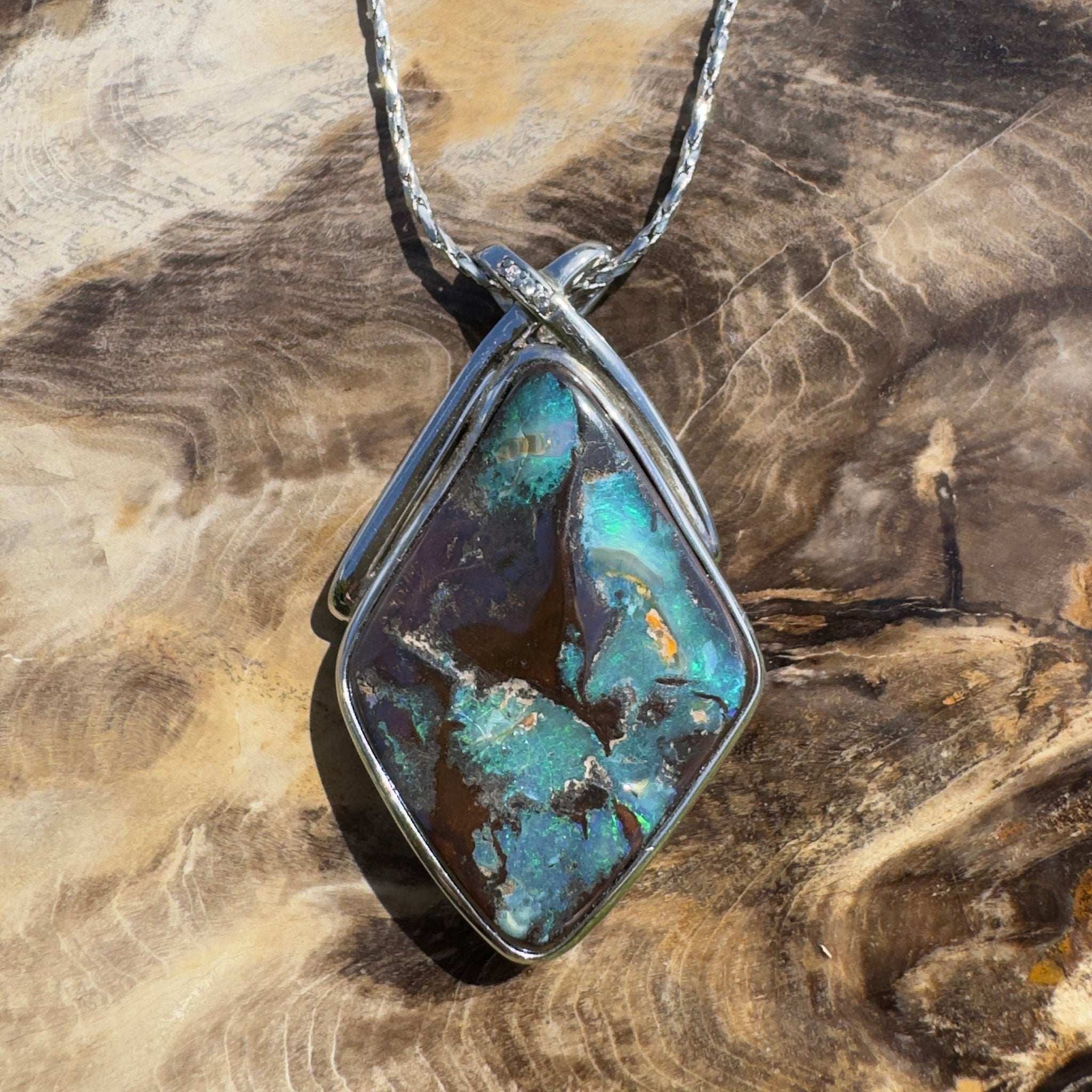 Great Australian Bight ~ Queensland Boulder Opal 925 Sterling Silver Pendant Necklace