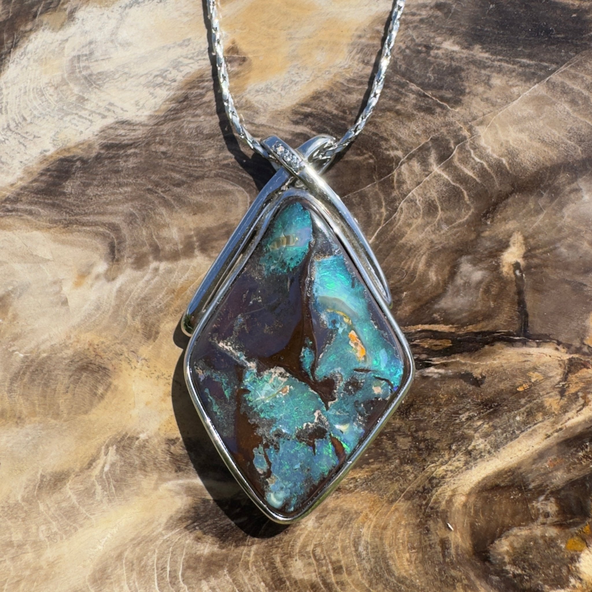 Great Australian Bight ~ Queensland Boulder Opal 925 Sterling Silver Pendant Necklace