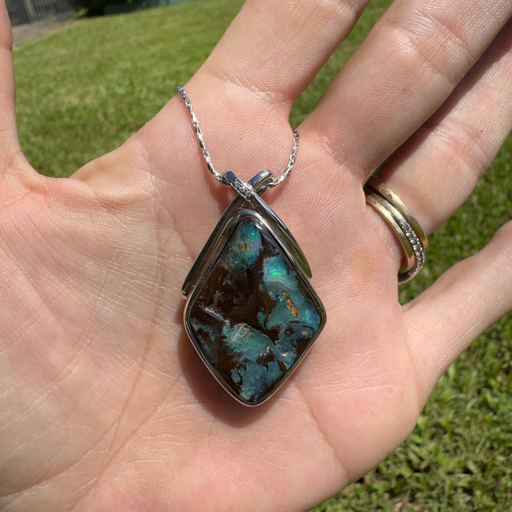 Great Australian Bight ~ Queensland Boulder Opal 925 Sterling Silver Pendant Necklace
