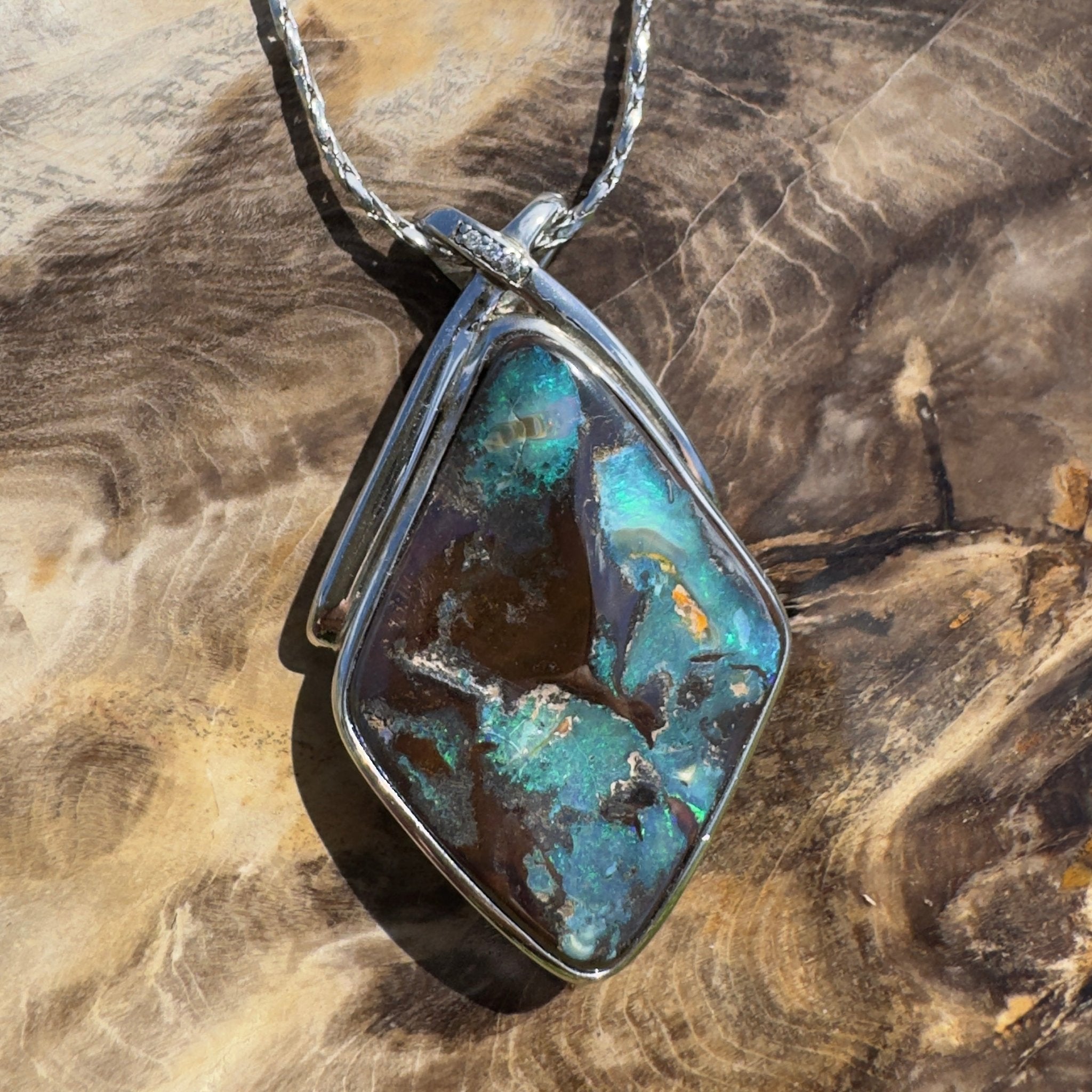 Great Australian Bight ~ Queensland Boulder Opal 925 Sterling Silver Pendant Necklace