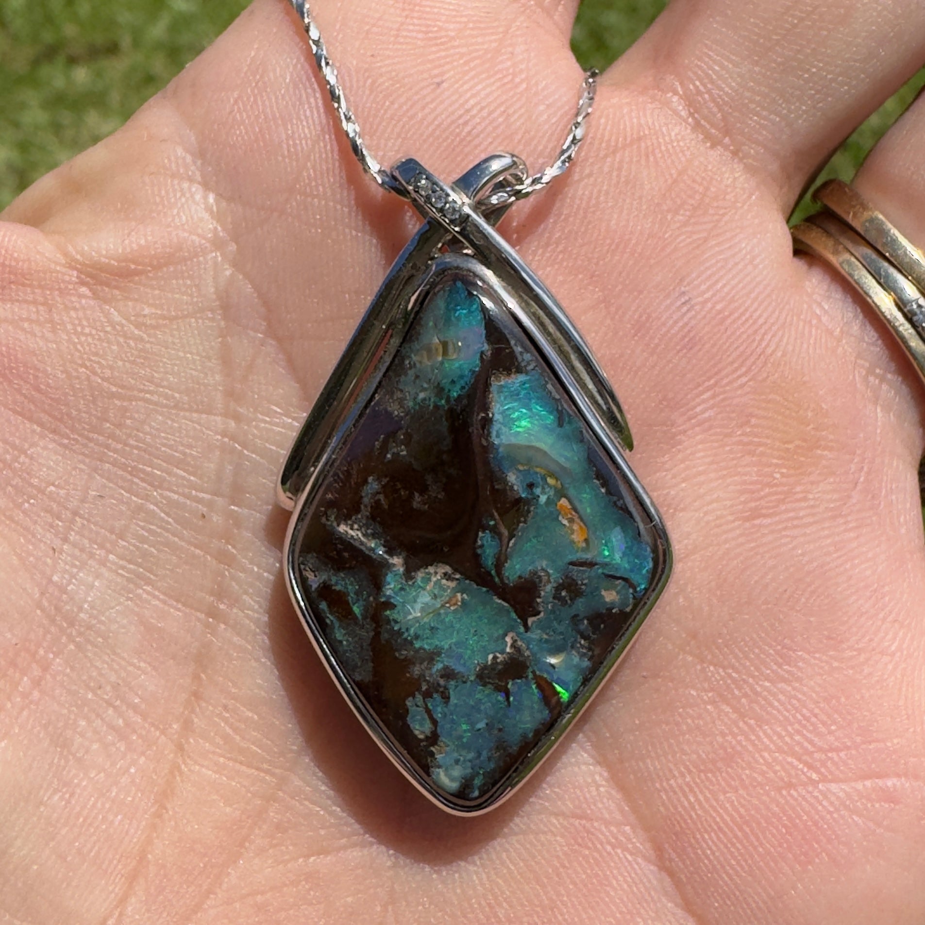 Great Australian Bight ~ Queensland Boulder Opal 925 Sterling Silver Pendant Necklace