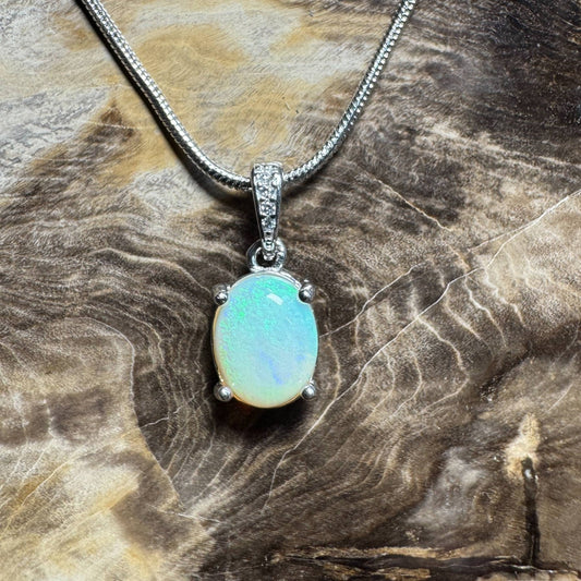Great Barrier Glow ~ 1ct Solid Lightning Ridge Opal and Cubic Zirconia 925 Silver Pendant Necklace