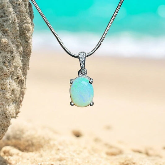 Great Barrier Glow ~ 1ct Solid Lightning Ridge Opal and Cubic Zirconia 925 Silver Pendant Necklace