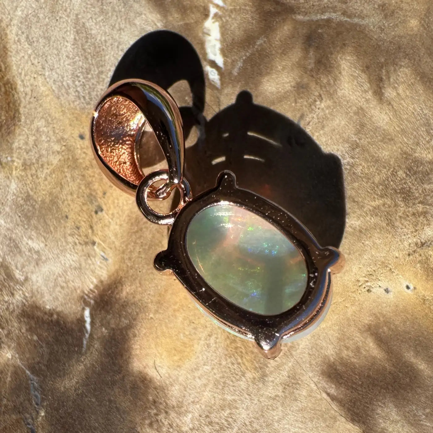 Rose gold opal pendant from Great Ocean Drift featuring handcrafted Lightning Ridge crystal opal