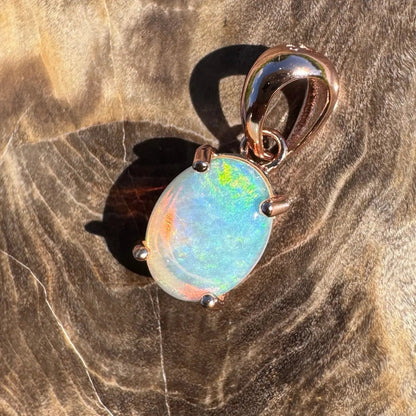 'Great Ocean Drift' ~ Handcrafted 0.9ct Solid Lightning Ridge Crystal Opal Rose Gold Coated 925 Sterling Silver Pendant