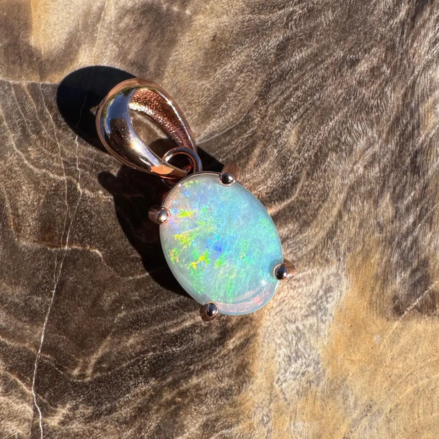 'Great Ocean Drift' ~ Handcrafted 0.9ct Solid Lightning Ridge Crystal Opal Rose Gold Coated 925 Sterling Silver Pendant