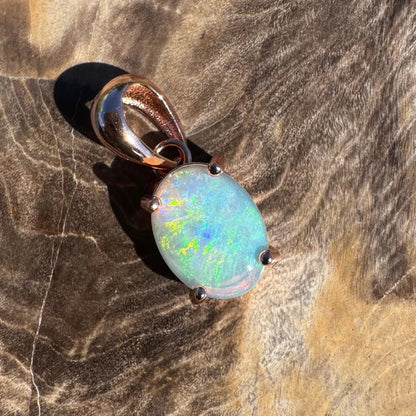'Great Ocean Drift' ~ Handcrafted 0.9ct Solid Lightning Ridge Crystal Opal Rose Gold Coated 925 Sterling Silver Pendant
