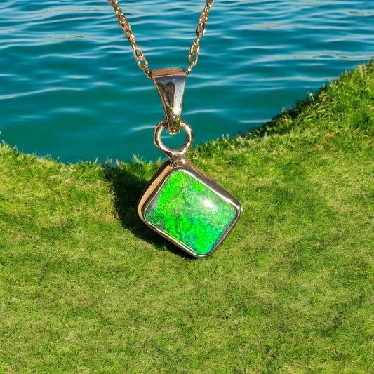 'Green and Gold' ~ Handcrafted 1.9ct Solid Lightning Ridge Black Opal 9ct Australian Gold Pendant