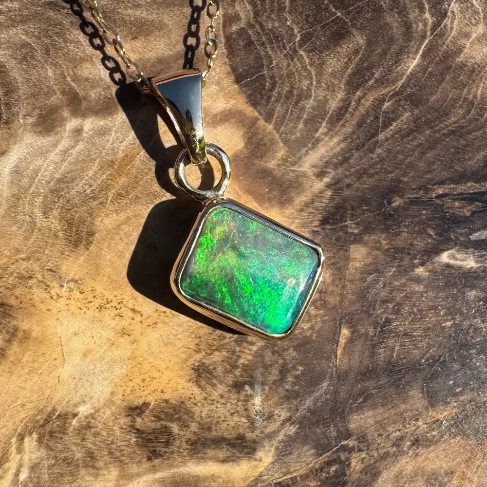 'Green and Gold' ~ Handcrafted 1.9ct Solid Lightning Ridge Black Opal 9ct Australian Gold Pendant