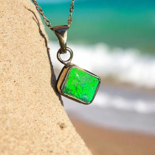 'Green and Gold' ~ Handcrafted 1.9ct Solid Lightning Ridge Black Opal 9ct Australian Gold Pendant
