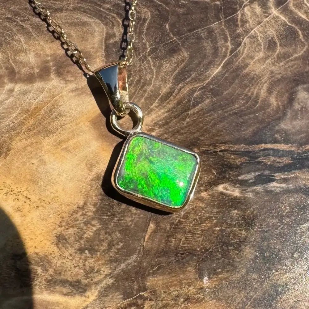'Green and Gold' ~ Handcrafted 1.9ct Solid Lightning Ridge Black Opal 9ct Australian Gold Pendant