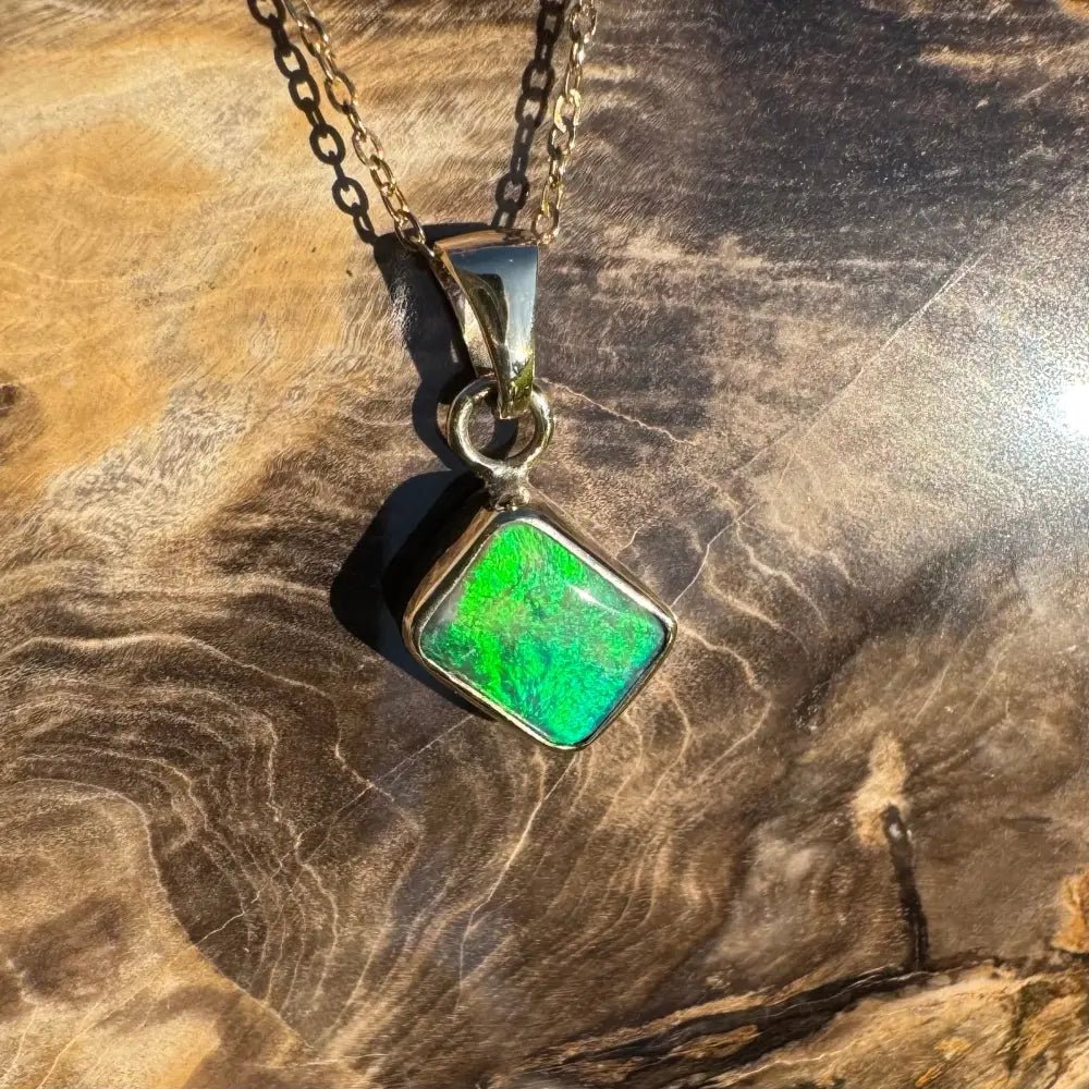 'Green and Gold' ~ Handcrafted 1.9ct Solid Lightning Ridge Black Opal 9ct Australian Gold Pendant