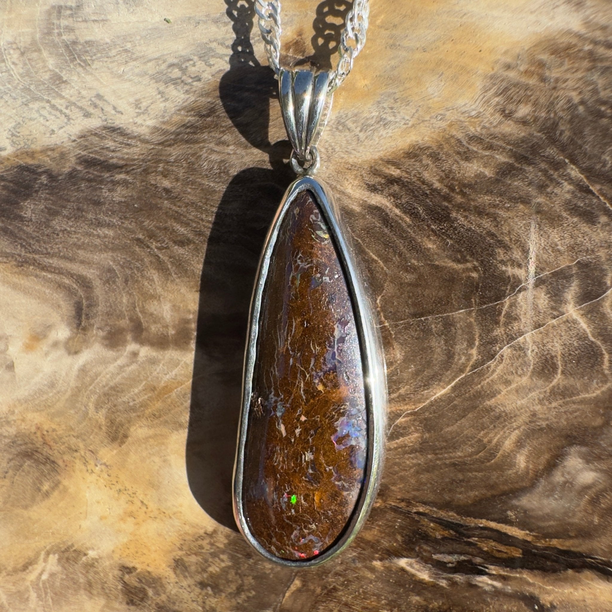 Gulf Country Fire Drift ~ Queensland Boulder Opal 925 Sterling Silver Pendant Necklace