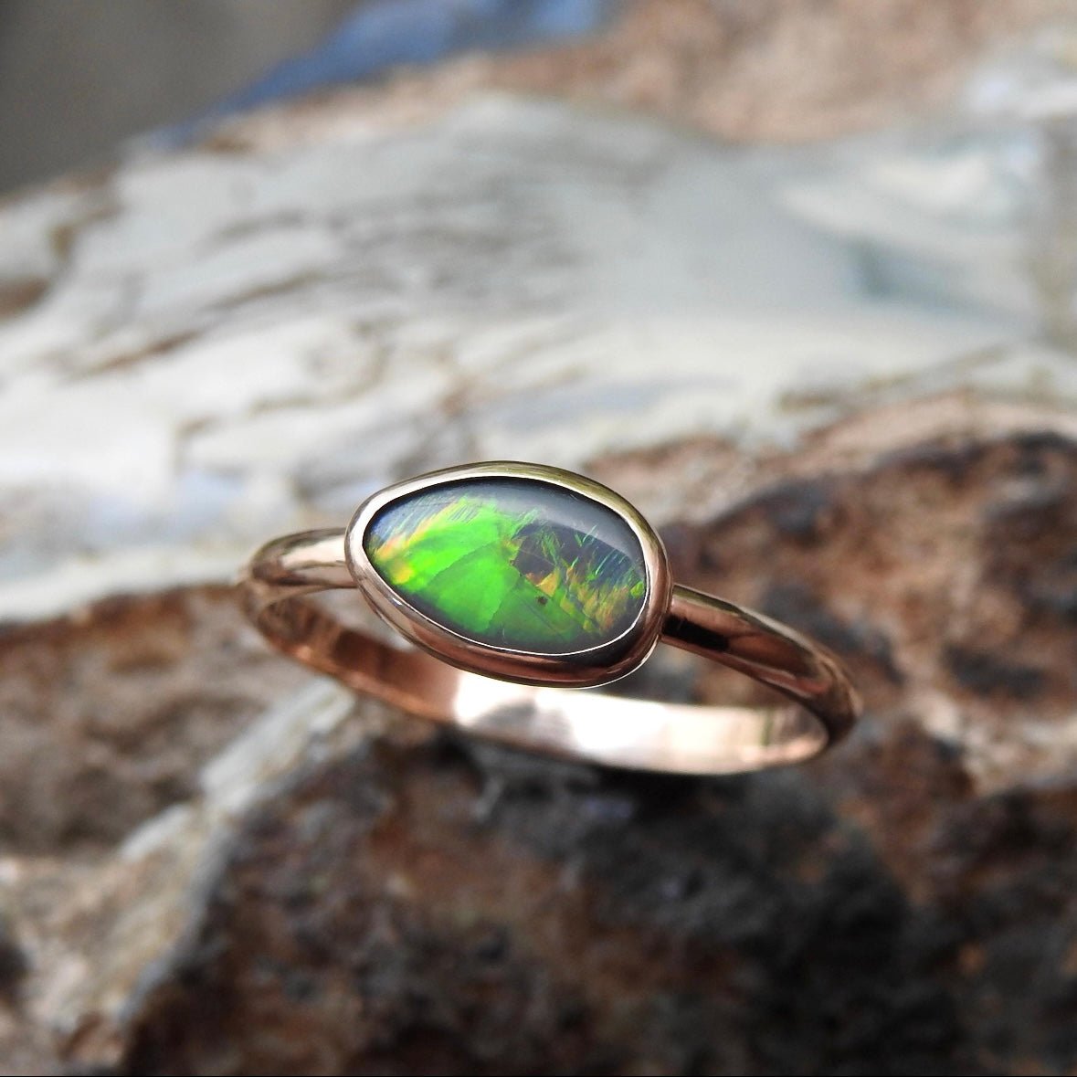 Gundabooka Glow Ring ~ 0.6ct Solid Lightning Ridge Opal 9ct Solid Rose Gold Ring