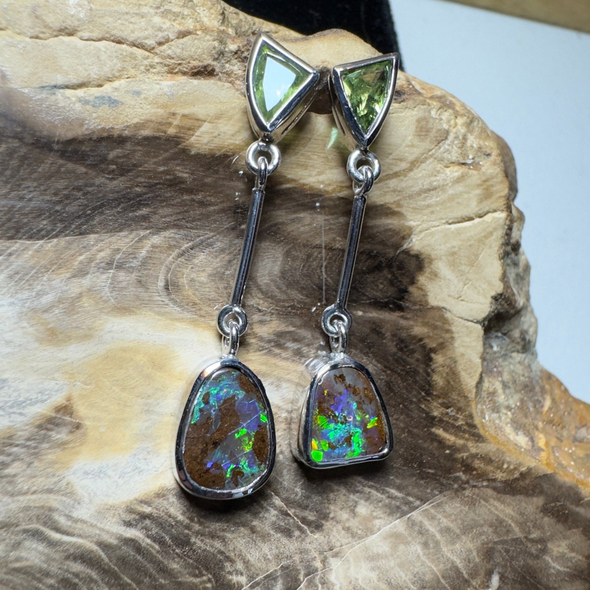Hamersley Horizon ~ Handcrafted 1.7ct Queensland Sapphire and 6.2ct Solid Queensland Boulder Opal 925 Silver Earrings