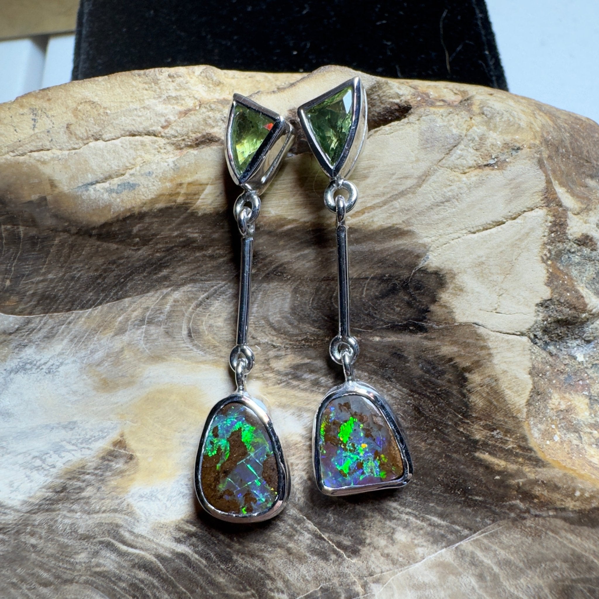 Hamersley Horizon ~ Handcrafted 1.7ct Queensland Sapphire and 6.2ct Solid Queensland Boulder Opal 925 Silver Earrings