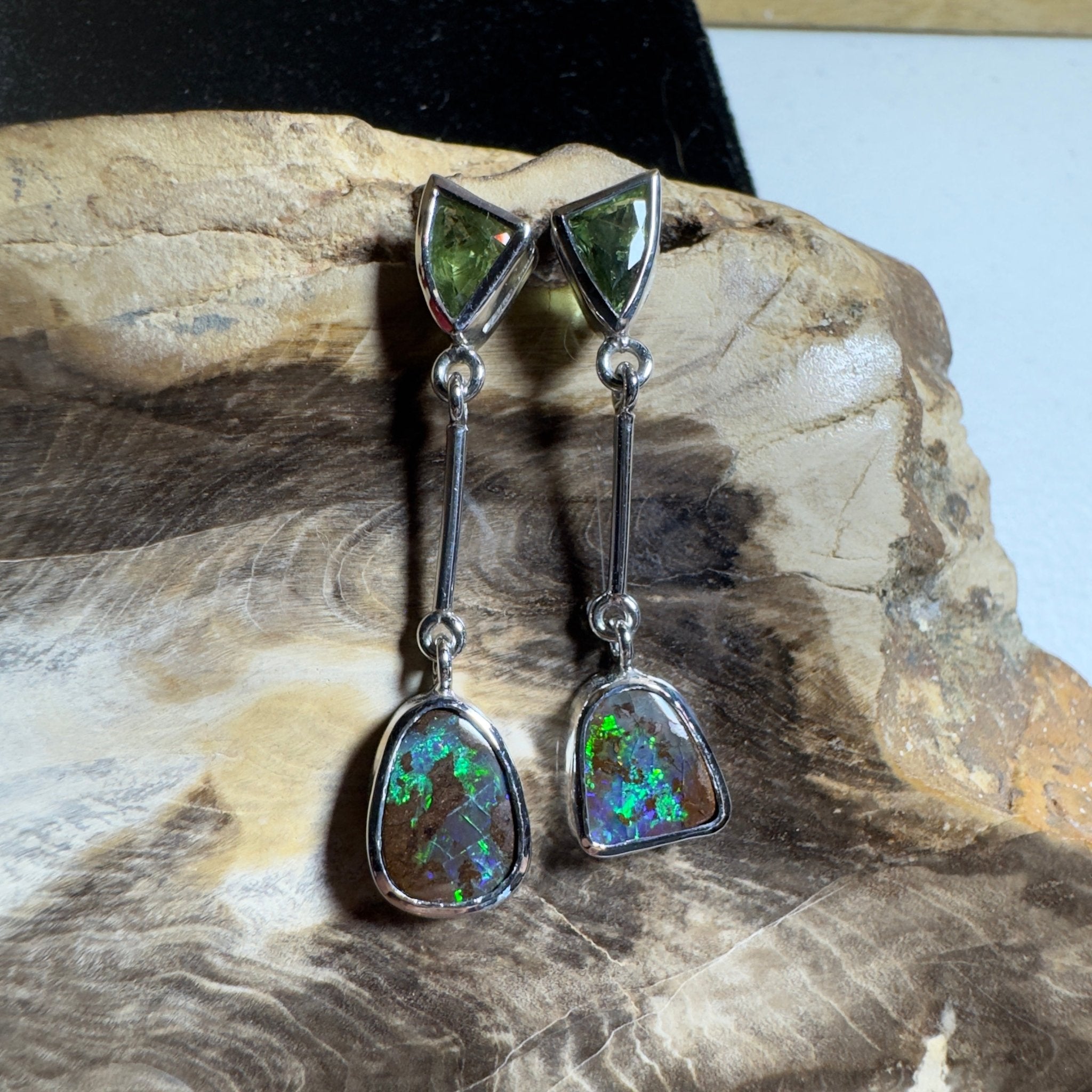 Hamersley Horizon ~ Handcrafted 1.7ct Queensland Sapphire and 6.2ct Solid Queensland Boulder Opal 925 Silver Earrings