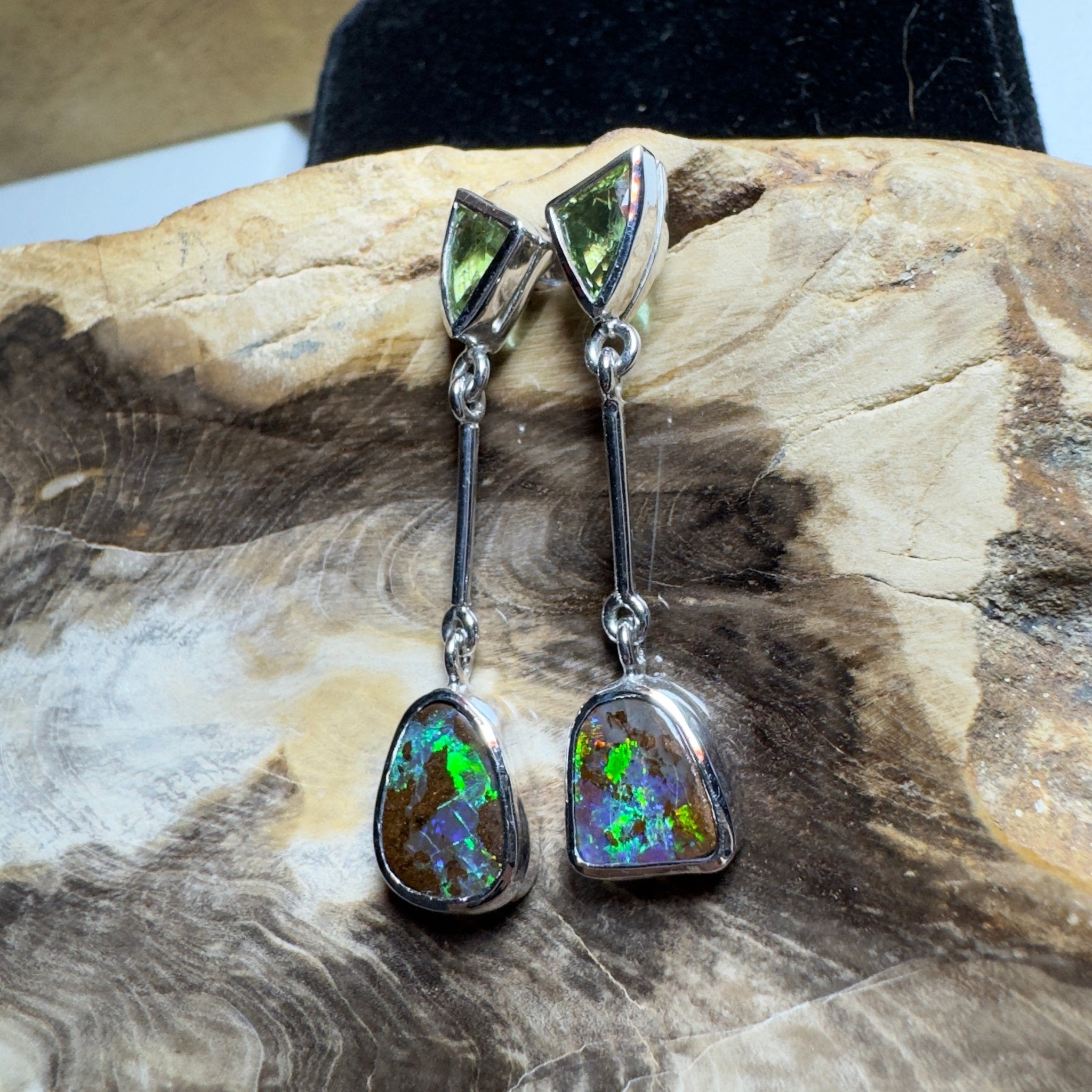 Hamersley Horizon ~ Handcrafted 1.7ct Queensland Sapphire and 6.2ct Solid Queensland Boulder Opal 925 Silver Earrings