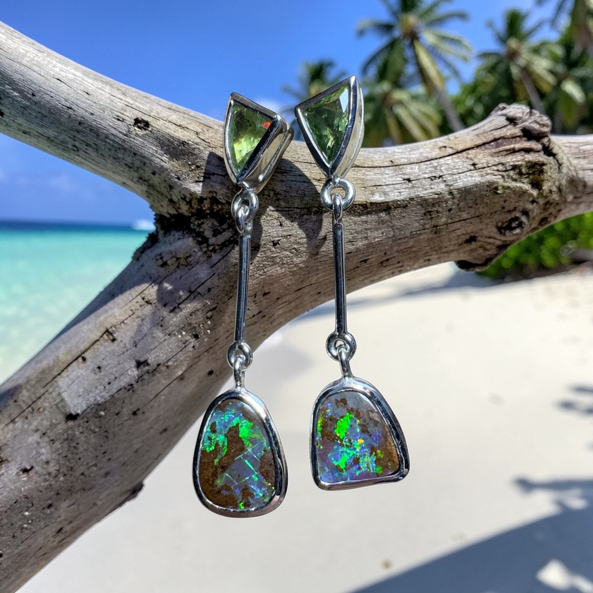 Hamersley Horizon ~ Handcrafted 1.7ct Queensland Sapphire and 6.2ct Solid Queensland Boulder Opal 925 Silver Earrings