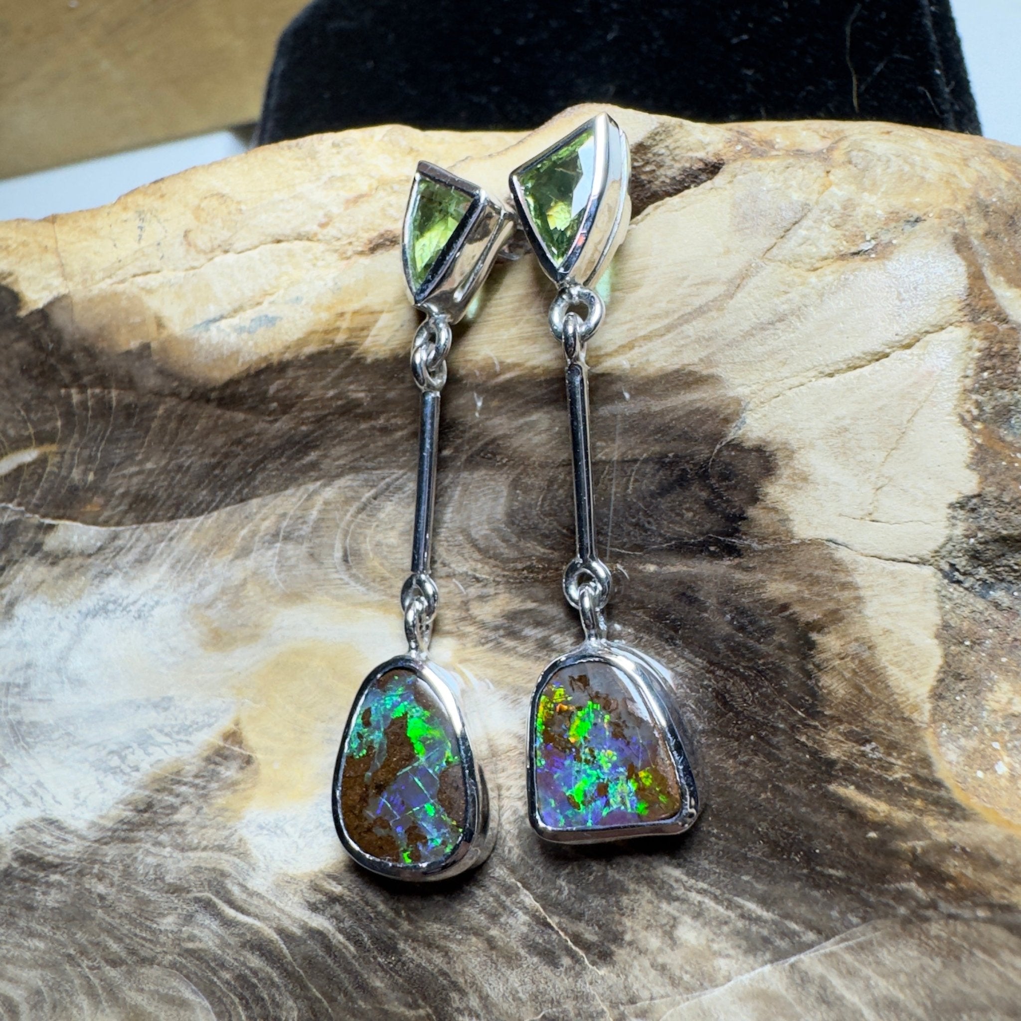Hamersley Horizon ~ Handcrafted 1.7ct Queensland Sapphire and 6.2ct Solid Queensland Boulder Opal 925 Silver Earrings