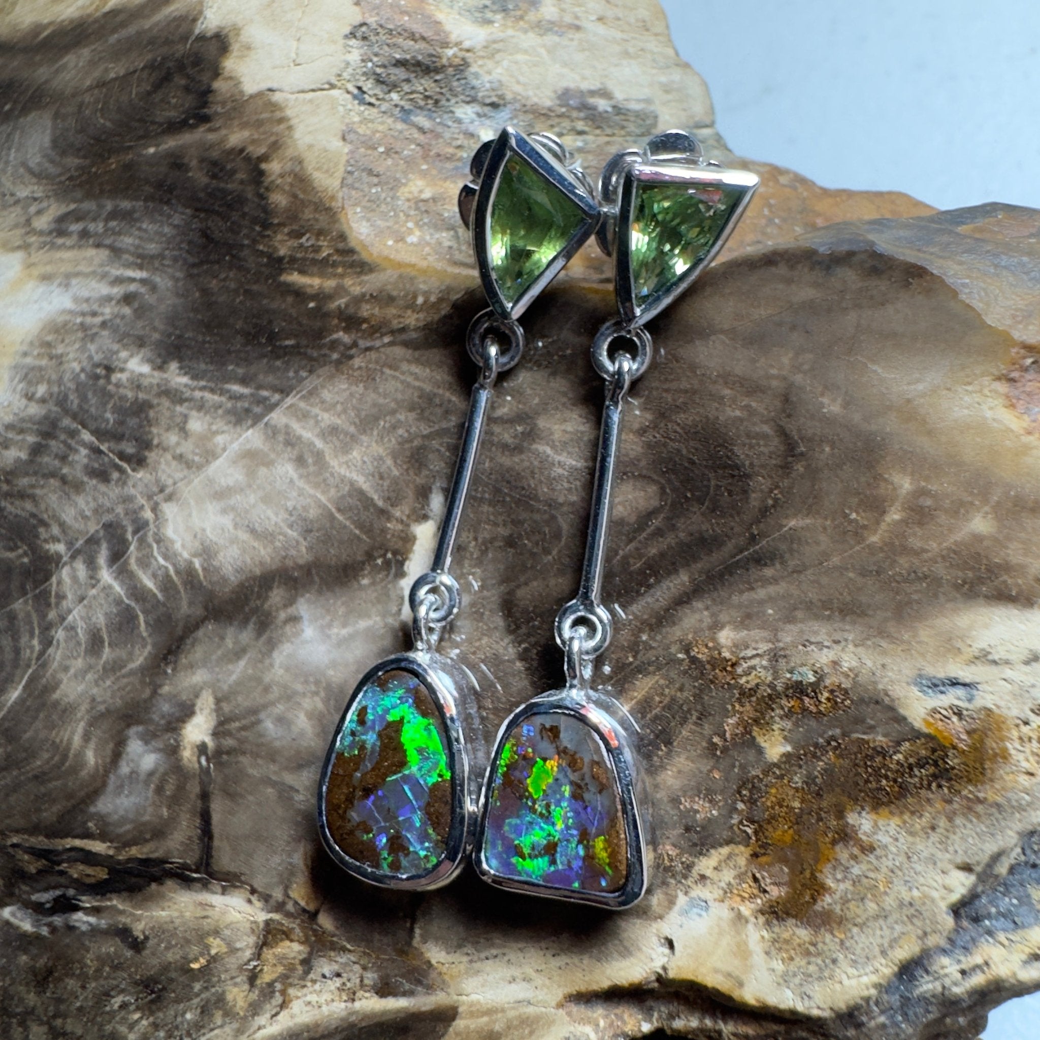 Hamersley Horizon ~ Handcrafted 1.7ct Queensland Sapphire and 6.2ct Solid Queensland Boulder Opal 925 Silver Earrings
