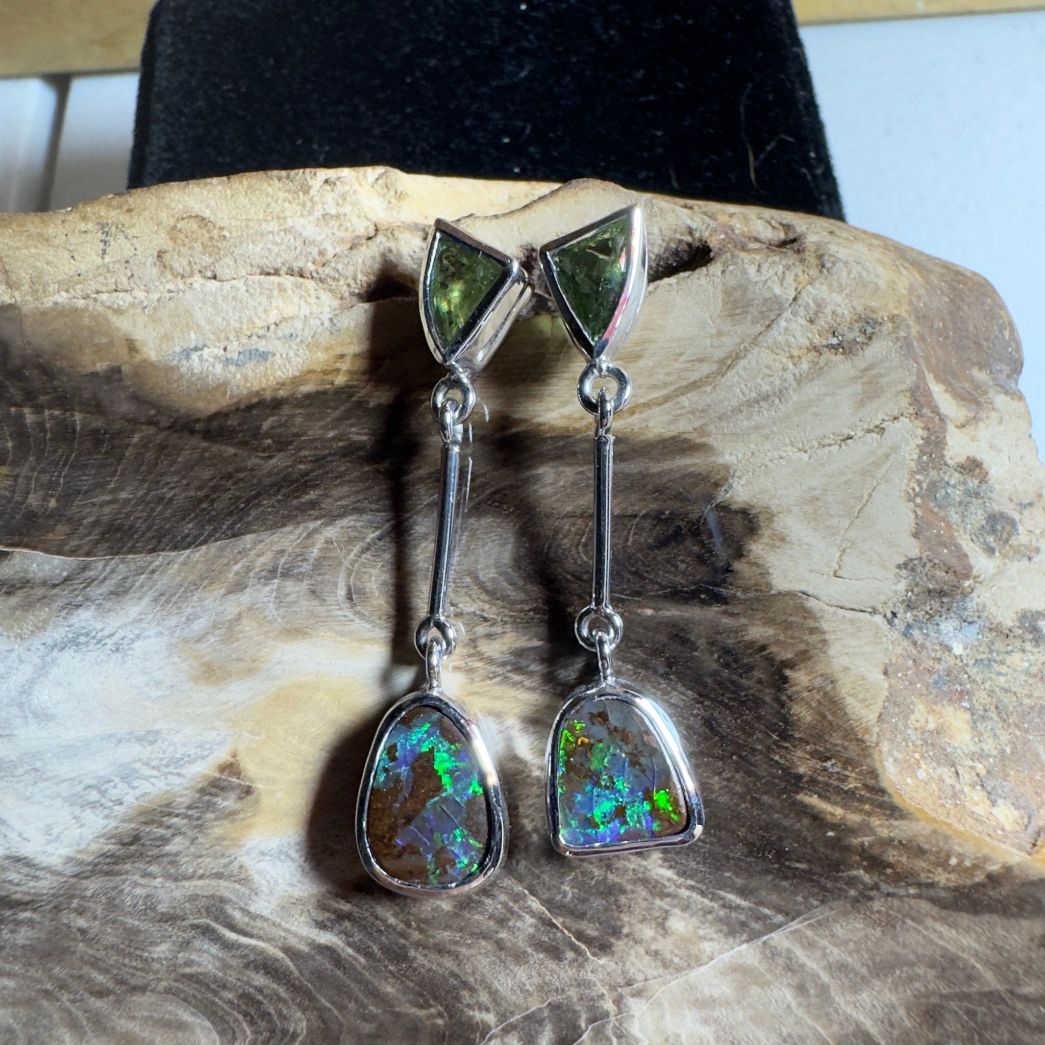 Hamersley Horizon ~ Handcrafted 1.7ct Queensland Sapphire and 6.2ct Solid Queensland Boulder Opal 925 Silver Earrings