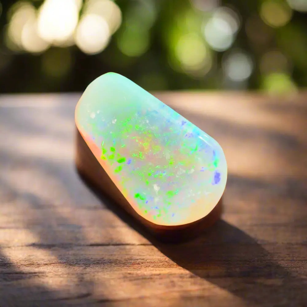 Iridescent Lightning Ridge Crystal Opal gemstone displayed in a 1.0 carat hand-cut jewelry piece