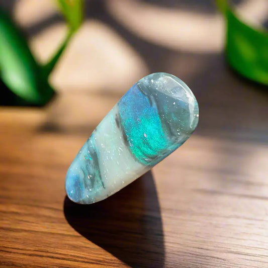 Iridescent teardrop-shaped crystal from Hand-Cut Solid Lightning Ridge Semi Black Opal 4.9ct
