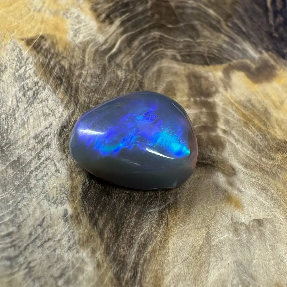 Polished gray Lightning Ridge semi-black opal with striking blue and green iridescence