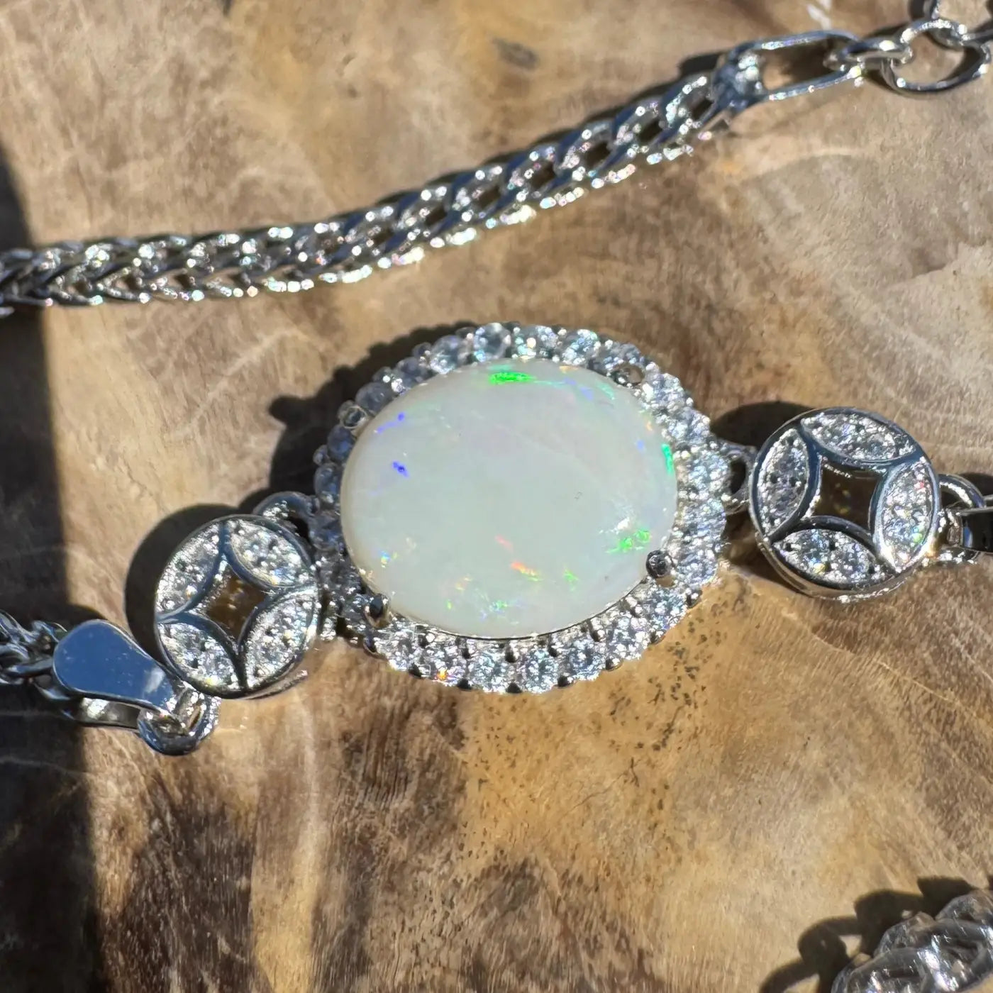 Handcrafted 1.1ct Coober Pedy Opal and Cubic Zirconia Sterling Silver Bracelet
