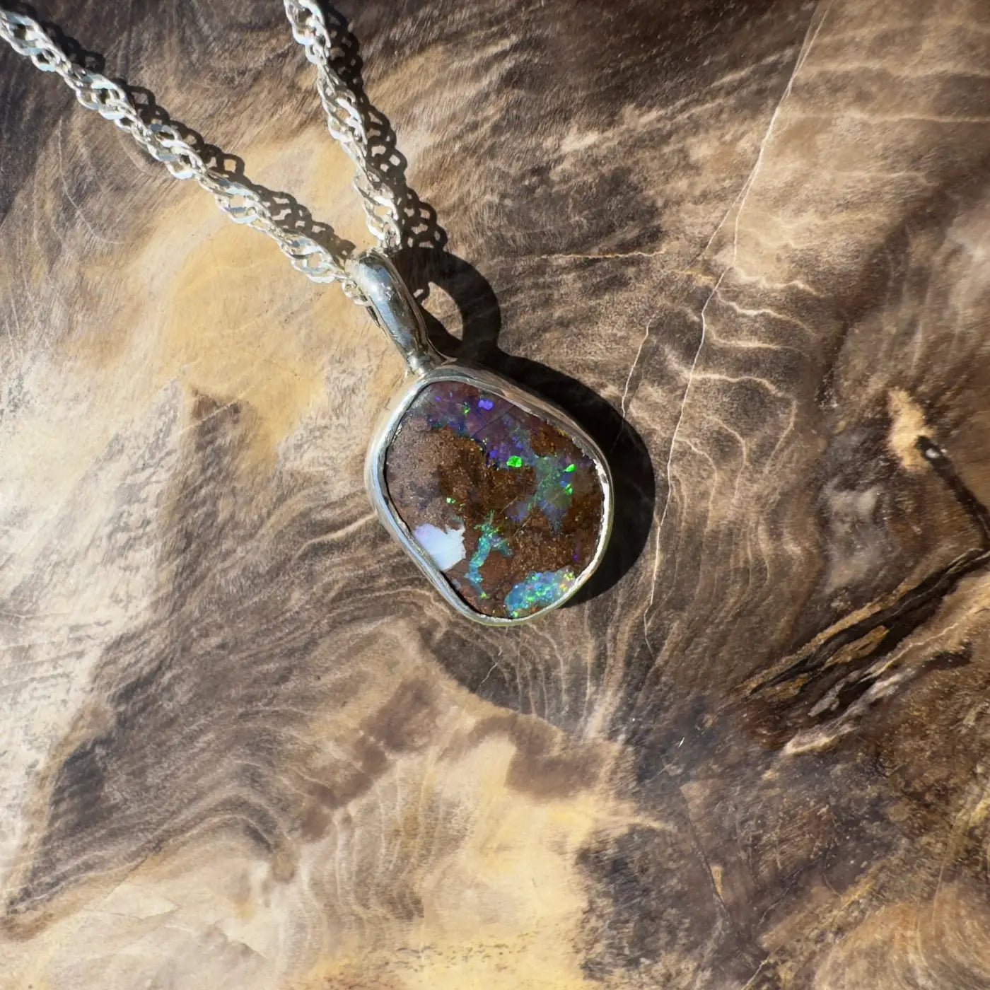 Handcrafted 6.8ct Solid Queensland Boulder Opal Sterling Silver Pendant Necklace