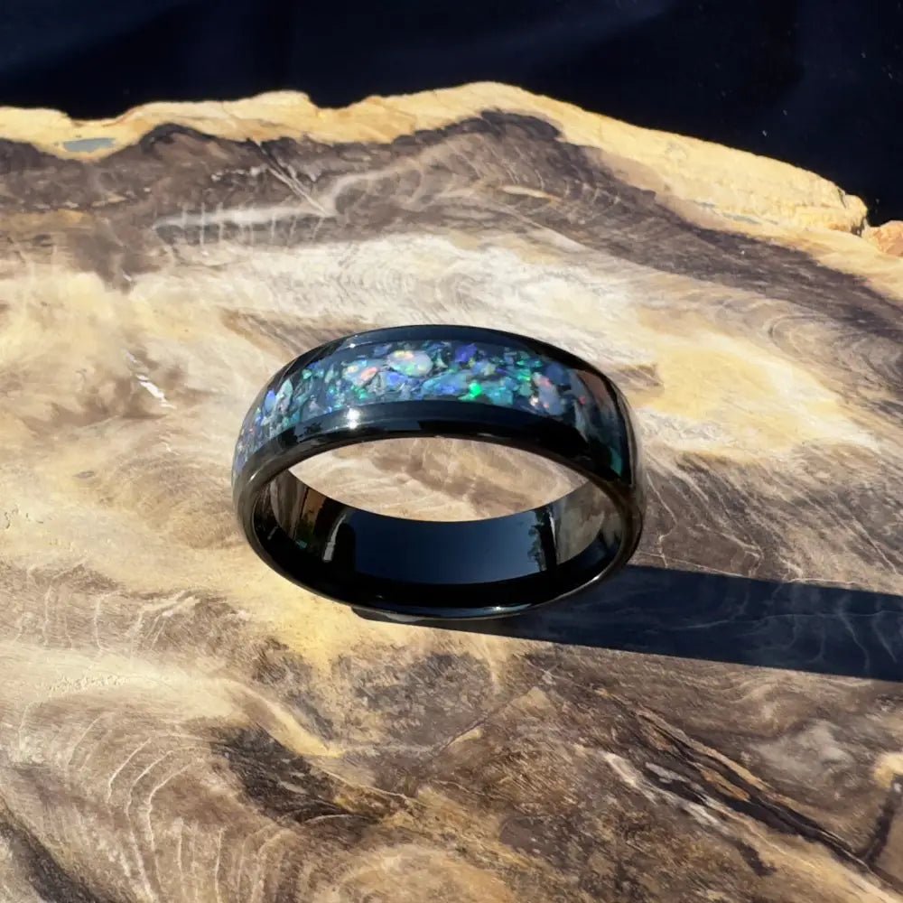 Handcrafted Australian Opal Ring Black Surgical Steel Size Z (12 3/4)
