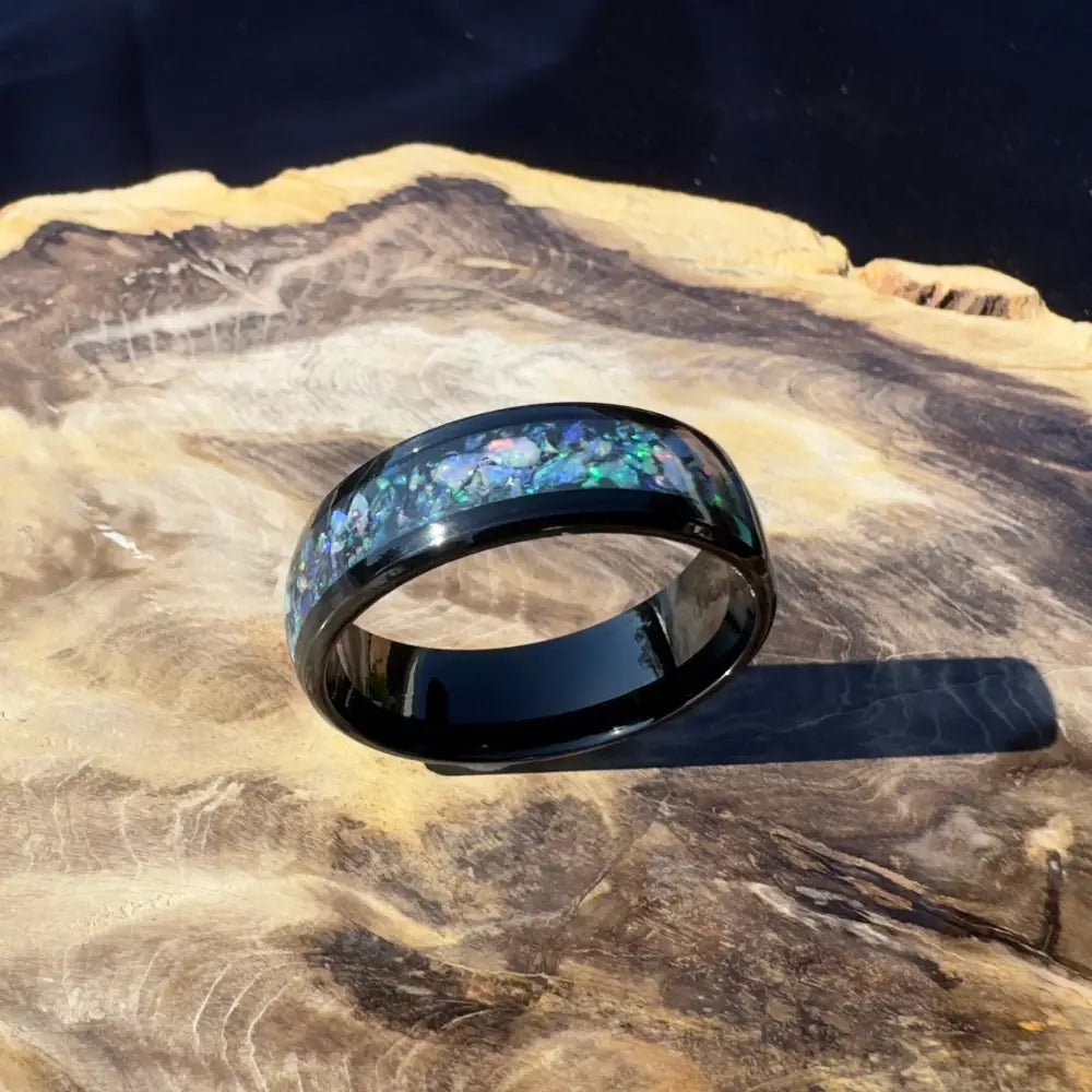 Handcrafted Australian Opal Ring Black Surgical Steel Size Z (12 3/4)