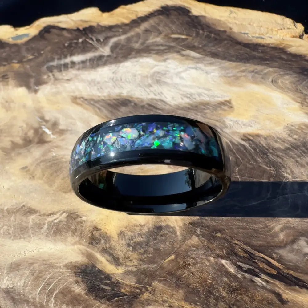 Handcrafted Australian Opal Ring Black Surgical Steel Size Z (12 3/4)