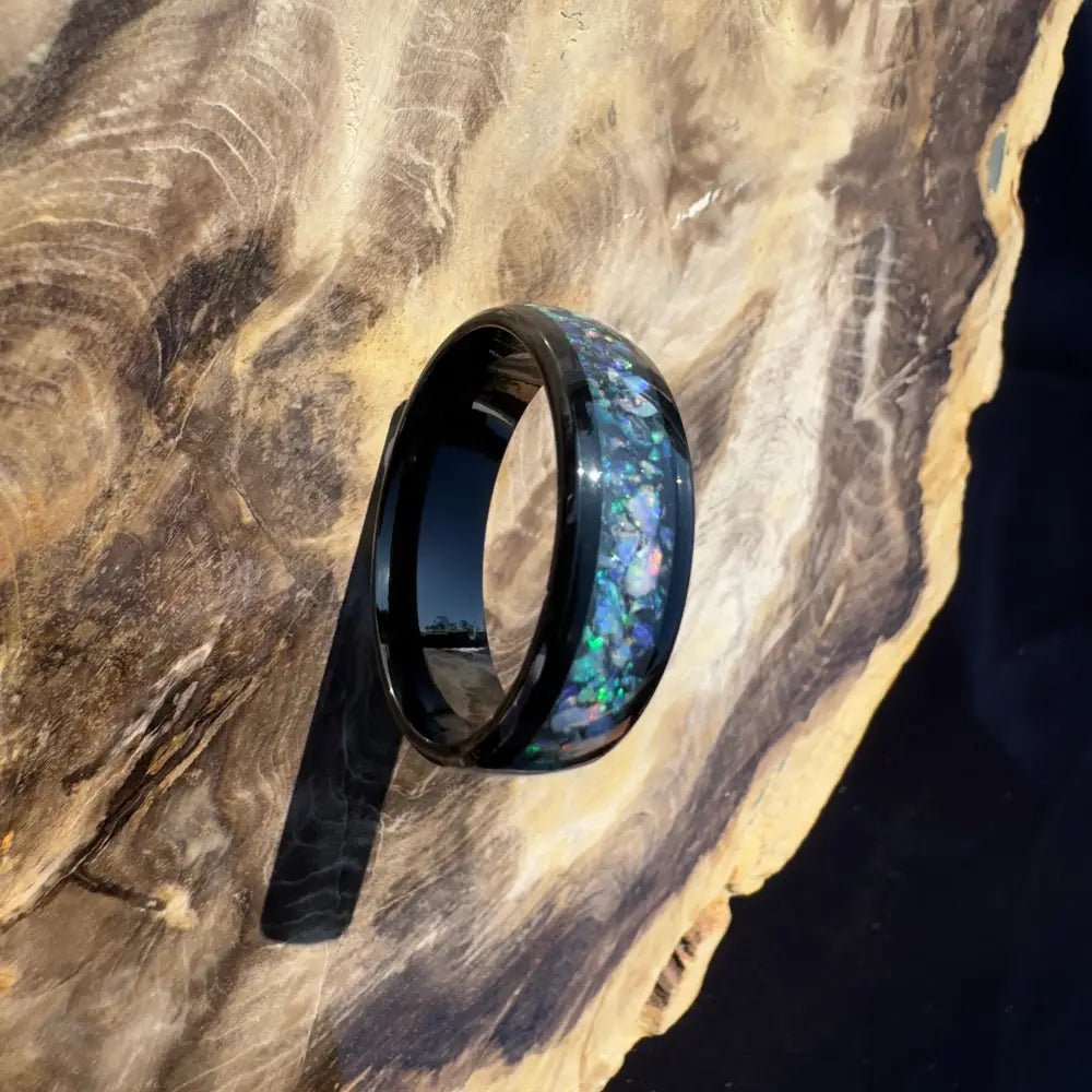 Handcrafted Australian Opal Ring Black Surgical Steel Size Z (12 3/4)