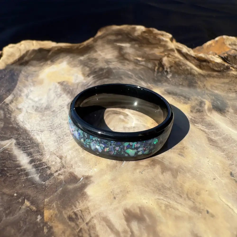 Handcrafted Australian Opal Ring Black Surgical Steel Size Z (12 3/4)