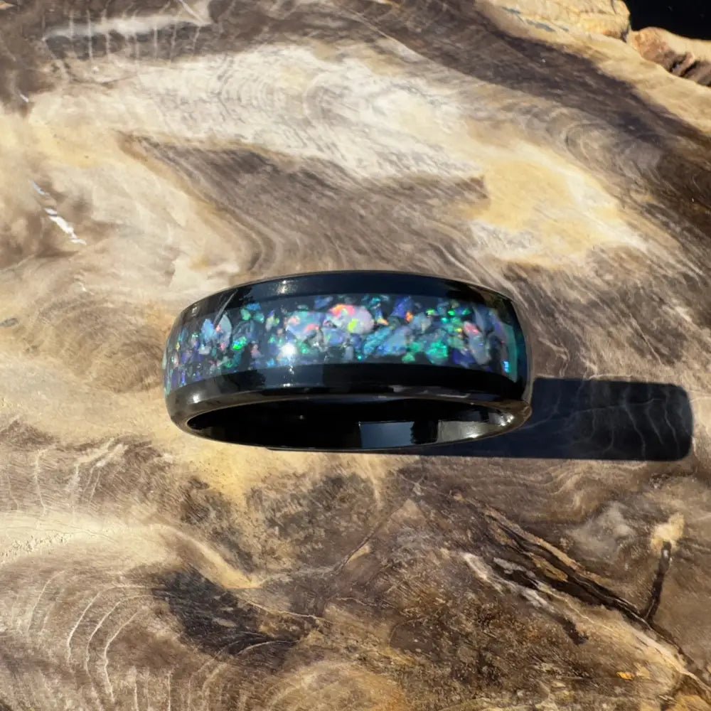 Handcrafted Australian Opal Ring Black Surgical Steel Size Z (12 3/4)
