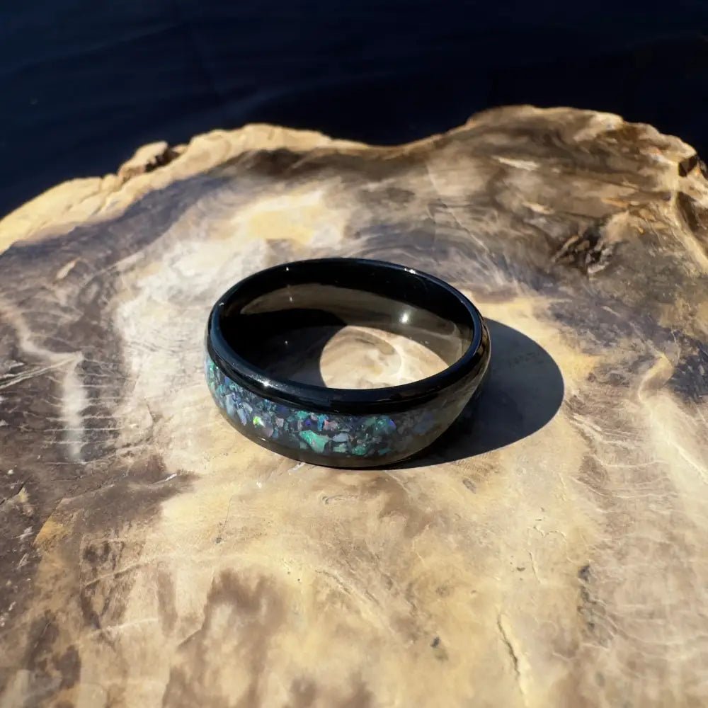 Handcrafted Australian Opal Ring Black Surgical Steel Size Z (12 3/4)