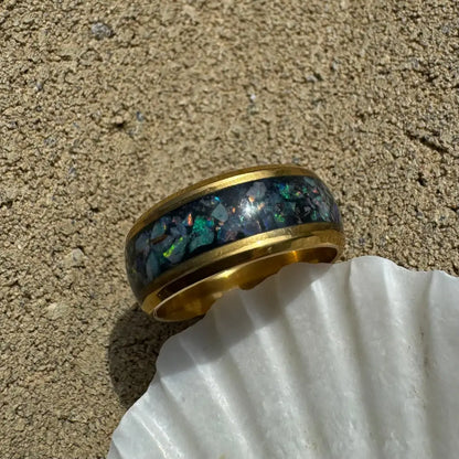 Gold ring with Australian opal inlay in surgical steel, size L (6) for elegant jewelry