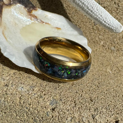Gold-banded Australian opal ring displayed in handcrafted gold surgical steel size N 7